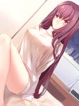  blush cherinova covered_nipples dutch_angle fate/grand_order fate_(series) frown long_hair naked_sweater on_bed purple_hair red_eyes ribbed_sweater scathach_(fate)_(all) scathach_(fate/grand_order) sitting solo sweater 