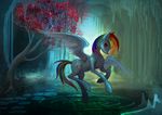  absurd_res blue_feathers blue_fur cavern cutie_mark equine feathered_wings feathers female feral flying friendship_is_magic fur hair hi_res mammal multicolored_hair my_little_pony outside pegasus rainbow_dash_(mlp) rainbow_hair red_eyes solo tree vitaj water wings 
