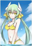  aqua_hair bikini blush breasts cleavage cloud day fate/grand_order fate_(series) hair_ribbon head_tilt horns kiyohime_(fate/grand_order) kiyohime_(swimsuit_lancer)_(fate) kotaka light_smile long_hair looking_at_viewer medium_breasts midriff navel partially_submerged ribbon sky smile solo standing swimsuit twintails very_long_hair water yellow_bikini yellow_eyes 