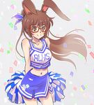  animal_ears breasts brown_eyes brown_hair bunny_ears cheerleader clothes_writing company_connection confetti glasses hair_ornament iesupa lazer_team long_hair looking_at_viewer medium_breasts navel pom_poms ponytail roosterteeth rwby smile solo velvet_scarlatina 