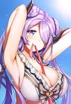  aldehyde armpits arms_behind_head arms_up bare_shoulders between_breasts bikini blue_eyes blush breasts cleavage demon_horns double_bun draph frilled_bikini frills granblue_fantasy hair_ornament hair_over_one_eye highres horns large_breasts lavender_hair long_hair looking_at_viewer mouth_hold narmaya_(granblue_fantasy) solo swimsuit wet white_bikini 