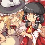  :o animal animal_on_hand apron bird black_hair blonde_hair brown_background cravat detached_sleeves hair_ribbon hair_tubes hakurei_reimu hand_on_own_chin hat hat_ribbon kirisame_marisa kotato looking_down multiple_girls puffy_short_sleeves puffy_sleeves red_eyes ribbon short_hair short_sleeves sidelocks touhou witch_hat yellow_eyes 