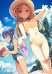  ball beachball bikini blue_eyes blue_hair blush bouzu_(bonze) brown_eyes brown_hair cloud competition_swimsuit day flower hair_flower hair_ornament hat highres long_hair looking_at_viewer multiple_girls navel one-piece_swimsuit one-piece_tan original palm_tree sandals sandals_removed short_hair sky smile sun_hat sunflower_hair_ornament swimsuit tan tanline tree yellow_bikini 