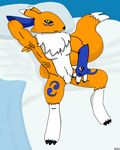 anthro armpit_hair armpits bed black_sclera canine chest_tuft clothing dgfox digimon digital_media_(artwork) elbow_gloves fox fur gloves hair hand_behind_head looking_at_viewer lying male mammal mostly_nude multicolored_fur on_back orange_fur pubes renamon solo tuft 