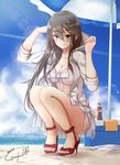  beach beach_umbrella bikini black_hair breasts cleavage coca-cola condensation_trail dated day front-tie_top gurifu hair_between_eyes hair_ornament hairclip haruna_(kantai_collection) high_heels hood hoodie jacket jacket_over_swimsuit kantai_collection large_breasts light_particles light_rays long_hair looking_at_viewer open_clothes open_hoodie open_toe_shoes outdoors sand sandals sarong shoes signature smile solo strappy_heels swimsuit thighs toenails umbrella white_bikini white_jacket yellow_eyes 