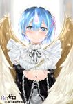  absurdres blue_hair blush copyright_name glowing_horn highres horn maid re:zero_kara_hajimeru_isekai_seikatsu rem_(re:zero) short_hair solo wings 