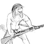  anthro beanie black_and_white cum donkey equine gun hair hat hladilnik male mammal monochrome nude open_mouth penis ranged_weapon rifle smile weapon what 