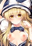  &gt;:( arm_up black_bow black_neckwear blonde_hair blush bow bowtie braid breast_grab breasts center_opening commentary_request frown grabbing hat hat_bow kirisame_marisa licking long_hair looking_at_viewer masa_(miyabitei) neck_licking nipples puffy_short_sleeves puffy_sleeves short_sleeves side_braid single_braid small_breasts solo_focus sweat touhou upper_body v-shaped_eyebrows white_bow witch_hat yellow_eyes 