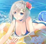  :o ass ball bare_shoulders beachball bikini blue_bikini blue_eyes breasts choker hair_ornament hair_over_one_eye hairclip hamakaze_(kantai_collection) innertube kantai_collection large_breasts looking_at_viewer lying on_stomach short_hair silver_hair solo sparkle swimsuit water yahako 