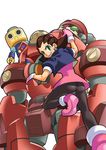  absurdres breasts brown_hair earrings gloves green_eyes hair_pulled_back hairband highres jewelry kobun mecha medium_breasts pantyhose pink_hairband rockman rockman_dash short_hair smile taro9999 tron_bonne 