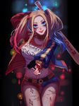  1girl baseball_bat batman_(series) breasts dc_comics gun harley_quinn jacket lipstick makeup multicolored_hair smile solo suicide_squad twintails 