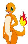  anthro blue_eyes charmander elpatrixf green_eyes heterochromatia male navel nintendo nipples orange_skin penis pink_nipples pok&eacute;mon simple_background solo uncut video_games white_background white_skin 