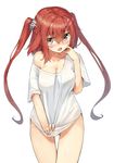  bare_shoulders blush breasts brown_eyes brown_hair cleavage fang highres large_breasts long_hair loose_clothes loose_shirt naked_shirt off_shoulder open_mouth original ruma_imaginary shirt shirt_tug simple_background solo tears twintails white_background white_shirt 