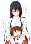  bangs black_hair blush breast_rest breasts breasts_on_head brown_eyes brown_hair closed_eyes commentary_request epaulettes female_admiral_(kantai_collection) gloves hands_on_another's_chest hands_on_another's_wrists highres japanese_clothes kantai_collection kariginu large_breasts long_hair magatama military military_uniform multiple_girls niwatazumi open_mouth ryuujou_(kantai_collection) sidelocks sketch tatebayashi_sakurako translated twintails uniform 