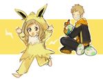  1boy 1girl artist_request blonde_hair blue_eyes cosplay costume father_and_daughter fire_emblem fire_emblem_if jolteon nintendo odin_(fire_emblem_if) ophelia_(fire_emblem_if) pokemon pokemon_go smile spark_(pokemon) 