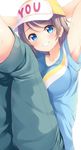  armpits arms_behind_head arms_up baseball_cap blue_eyes blue_shirt blush breasts brown_hair character_name collarbone eyebrows eyebrows_visible_through_hair green_pants grin hat head_tilt headwear_writing komone_ushio looking_at_viewer love_live! love_live!_sunshine!! medium_breasts pants shirt short_sleeves sitting smile solo sweat sweatpants t-shirt watanabe_you white_background 