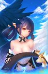  black_wings blue_hair cloud collarbone dark_blue_hair day detached_collar dizzy guilty_gear highres nooko panties red_eyes sky solo tail topless underwear wading white_wings wide_sleeves wings 