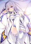  bare_shoulders blush braid breasts convenient_leg dress elf emilia_(re:zero) flower frilled_sleeves frills hair_flower hair_ornament hair_ribbon kobayashi_chisato leg_up long_hair looking_at_viewer lying medium_breasts on_back pleated_skirt pointy_ears purple_eyes re:zero_kara_hajimeru_isekai_seikatsu ribbon silver_hair skirt solo thighhighs white_legwear wide_sleeves 