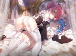  all_fours armpits ass bare_shoulders bed blue_eyes blue_hair blush bottomless censored detached_sleeves eyebrows eyebrows_visible_through_hair eyes_visible_through_hair frilled_sleeves frills from_behind garter_straps hair_ornament hair_over_one_eye highres looking_at_viewer looking_back lying maid maid_headdress mosaic_censoring multiple_girls on_back on_bed pink_eyes pink_hair pussy ram_(re:zero) re:zero_kara_hajimeru_isekai_seikatsu rem_(re:zero) short_hair siblings sisters thighhighs twins white_legwear x_hair_ornament yang-do 