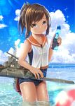  bangs bare_arms blurry blush bottle brown_eyes brown_hair cloud collarbone cowboy_shot day depth_of_field fingernails hand_up hane_yoshiyumi highres holding holding_bottle horizon i-401_(kantai_collection) japanese_flag kantai_collection lens_flare looking_at_viewer md5_mismatch name_tag ocean one-piece_swimsuit one-piece_tan outdoors ponytail ramune sailor_collar school_swimsuit short_ponytail sky smile solo sparkle sunlight swept_bangs swimsuit swimsuit_under_clothes tan tanline wading water wet 