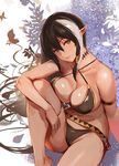  belt bikini black_bikini black_hair breasts chromatic_aberration green_eyes head_tilt large_breasts leaf legs_folded long_hair looking_at_viewer loose_belt multicolored_hair navel pointy_ears sitting solo swimsuit tsunekun two-tone_hair white_hair 