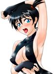  1girl alternate_hair_color bare_shoulders black_hair blue_eyes breasts dengeki!_pikachu female gym_leader kasumi_(pokemon) looking_at_viewer nintendo nipples one-piece_swimsuit open_mouth pokemon ponytail saliva short_hair side_ponytail solo swimsuit tongue tongue_out wet wetsuit 