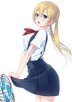  :d blonde_hair blue_eyes blush breasts electric_fan fan fanning_crotch highres long_hair medium_breasts open_mouth original school_uniform simple_background skirt_hold smile solo suspenders sweatdrop twintails unasaka_ryou 