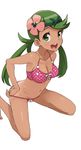  :d bare_shoulders bikini blush breasts cleavage collarbone dark_skin flower green_eyes green_hair hair_flower hair_ornament kneeling large_breasts long_hair looking_at_viewer mao_(pokemon) open_mouth pink_bikini pokemon pokemon_(game) pokemon_sm polka_dot polka_dot_bikini smile solo string_bikini swimsuit tamagoroo_(funifuni_labo) trial_captain 