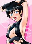  1girl alternate_hair_color bare_shoulders black_hair blue_eyes breasts dengeki!_pikachu female gym_leader kasumi_(pokemon) looking_at_viewer nintendo nipples one-piece_swimsuit open_mouth pokemon ponytail saliva short_hair side_ponytail solo swimsuit tongue tongue_out wet wetsuit 