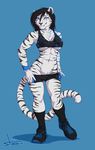  2016 abs anthro armpits athletic big_breasts black_hair blue_eyes bra breasts clothed clothing feline female hair hi_res mammal midriff muscular muscular_female scar shorts skimpy smile solo sports_bra stoopix stripes tiger under_boob underwear white_tiger wristband 