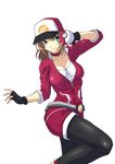  1girl baseball_cap breasts female female_protagonist_(pokemon_go) hat holding holding_poke_ball licking long_hair looking_at_viewer nintendo ozaneko poke_ball pokemon pokemon_go ponytail simple_background solo white_background 