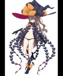  1girl abigail_williams_(fate/grand_order) abigail_williams_(fate/grand_order)_(cosplay) absurdres bangs black_bow black_gloves black_hat black_legwear black_panties blush bow brown_eyes brown_hair commentary_request cosplay elbow_gloves eyebrows_visible_through_hair fate/grand_order fate_(series) girls_frontline gloves groin hair_between_eyes hair_ornament hat highres kaiven kneehighs long_hair looking_at_viewer navel one_side_up orange_bow panties parted_lips pillarboxed polka_dot polka_dot_bow revealing_clothes scar scar_across_eye skull_print solo topless ump45_(girls_frontline) underwear very_long_hair white_background witch_hat 