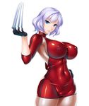  1girl armpits blue_eyes breasts claws covered_navel erect_nipples female gloves hand_on_hip large_breasts latex lilith-soft looking_at_viewer no_bra parted_lips rindou_(radical_dream) shiny shiny_clothes short_hair silver_hair skin_tight smile solo sybil_(taimanin_asagi) taimanin_asagi taimanin_asagi_battle_arena 