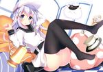  absurdres ass belt black_legwear black_skirt blue_eyes blush chestnut_mouth cosplay gabao. gochuumon_wa_usagi_desu_ka? hair_ornament hairclip hat hibiki_(kantai_collection) hibiki_(kantai_collection)_(cosplay) highres kafuu_chino kantai_collection long_hair looking_at_viewer no_shoes shirt silver_hair skirt solo thighhighs tippy_(gochiusa) white_hat white_shirt 