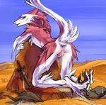 anthro anus butt clitoral_hood female fur kneeling looking_at_viewer melee_weapon nude outside pussy pussy_juice sergal smile solo sword weapon wooy 