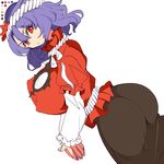  ass blouse breasts chiyoshi_(sevendw) covered_nipples hair_ornament huge_breasts leaf_hair_ornament long_sleeves looking_at_viewer mirror onbashira purple_hair red_eyes rope shimenawa short_hair short_over_long_sleeves short_sleeves skirt solo touhou unaligned_breasts yasaka_kanako 