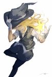  adapted_costume alternate_costume blonde_hair braid gloves hand_on_headwear hand_up hat highres kirisame_marisa kouzuki_kei outstretched_arm pants_under_shorts pantyhose shirt shorts signature single_braid solo star touhou vest white_background white_gloves witch_hat yellow_eyes 