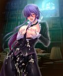  1girl blush book breast_grab breasts butler cameltoe cum cum_on_body cum_on_clothes cum_on_lower_body eyepatch female formal gloves grabbing large_breasts long_hair looking_at_viewer naughty_face nipples onmyou_kishi_towako open_clothes open_shirt ponytail puffy_nipples purple_hair saliva shiki_reika shiny_skin shirt skin_tight smile sol sweat taimanin_asagi taimanin_asagi_battle_arena tongue tongue_out torn_clothes yellow_eyes 