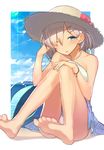  :p bare_shoulders barefoot beach bikini cloud day eyes_visible_through_hair feet flower hair_ornament hair_over_one_eye hairclip hamakaze_(kantai_collection) hand_in_hair hat hat_flower highres hitoshi kantai_collection lens_flare one_eye_closed outdoors revision silver_hair sitting sky soles solo straw_hat sun_hat swimsuit toes tongue tongue_out water 