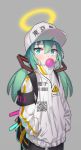  1girl absurdres ahoge alternate_costume aqua_eyes aqua_hair armband barcode baseball_cap black_legwear bubble_blowing chewing_gum clothes_writing commentary_request cowboy_shot detached_hair glowstick grey_background halo hand_in_pocket hat hatsune_miku high_collar highres kilo_(pixiv) long_sleeves looking_at_viewer pantyhose pixel_art qr_code short_hair sign simple_background single_vertical_stripe solo vocaloid warning_sign white_coat white_hat 