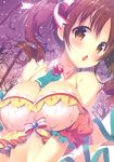  absurdres blush bow breasts brown_eyes brown_hair chestnut_mouth cleavage eyebrows_visible_through_hair hair_bow highres idolmaster idolmaster_cinderella_girls large_breasts looking_at_viewer mitsumomo_mamu navel open_mouth red_bow scan short_hair solo totoki_airi twintails white_bow 