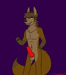  animal_genitalia animal_penis anthro balls brown_eyes brown_fur brown_hair canine canine_penis erection fist fur hair hand_on_hip knot looking_at_viewer male mammal navel nsfw_commander nude penis pose purple_background red_penis signature simple_background smile solo standing 