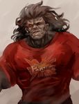  berserker black_hair breath buster_shirt clothes_writing english fate/grand_order fate/stay_night fate_(series) glowing glowing_eye highres kouzuki_kei male_focus md5_mismatch open_mouth red_eyes red_shirt shirt solo 