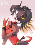  alternate_costume alternate_eye_color alternate_hair_color artist_name bad_id bad_twitter_id black_hair bodysuit breasts closed_mouth dark_persona demon_girl demon_horns demon_tail devil_mercy facial_mark faulds finger_to_mouth forehead_mark gloves hair_ornament hair_tie hand_to_own_mouth hand_up high_ponytail horns leotard lips long_sleeves looking_at_viewer mechanical_wings medium_breasts mercy_(overwatch) orange_wings overwatch panza pink_lips pitchfork ponytail purple_eyes red_gloves red_leotard short_hair shushing solo tail turtleneck upper_body wings 