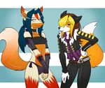  abstract_background ambiguous_gender anthro arm_warmers bikini blonde_hair blue_eyes blue_hair brown_hair canine clothed clothing collar countershading dipstick_tail duo ear_piercing flat_chested fox front_view fur girly hair hand_on_hip jacket long_hair male mammal midriff multicolored_hair multicolored_tail orange_belly orange_body orange_fur piercing ponytail red_eyes red_fur reverse_countershading simple_background skimpy smile standing swimsuit vulpeschild white_belly white_body white_fur 