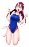  2016 :d artist_name barefoot breasts collarbone commentary_request competition_swimsuit covered_navel dated full_body hair_between_eyes hair_ornament hairclip highres kneeling long_hair love_live! love_live!_sunshine!! medium_breasts one-piece_swimsuit open_mouth red_hair sakurauchi_riko simple_background smile solo swimsuit tachibana_roku white_background yellow_eyes 