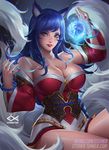  ahri animal_ears arm_up artist_name bare_shoulders bead_bracelet beads black_hair blue_eyes bracelet breasts citemer cleavage collarbone corset detached_sleeves floating floating_object fox_ears fox_tail glowing grey_background jewelry korean_clothes large_breasts league_of_legends long_hair looking_at_viewer low_neckline multiple_tails sash sidelocks simple_background sitting solo tail thighs whisker_markings wide_sleeves 