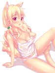  :o animal_ears arm_support bare_shoulders barefoot blonde_hair blush breasts cleavage eyebrows eyebrows_visible_through_hair fast-runner-2024 groin hair_between_eyes hair_ornament highres large_breasts leaning_back looking_at_viewer naala open_mouth original panties red_eyes see-through shiny shiny_skin shirt simple_background solo sweat tank_top underwear underwear_only wet wet_clothes wet_panties wet_shirt white_background white_panties 