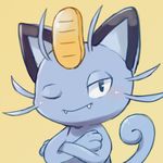  alolan_meowth cat coin meowth no_humans one_eye_closed pokemon pokemon_(creature) simple_background solo upper_body yellow_background zrae 