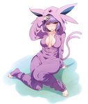  barefoot blush bodysuit breasts breasts_apart cosplay espeon espeon_(cosplay) forked_tail gen_2_pokemon highres hizuki_akira large_breasts looking_up natsume_(pokemon) one_eye_closed pokemon pokemon_(game) pokemon_hgss purple_bodysuit purple_hair red_eyes solo tail 